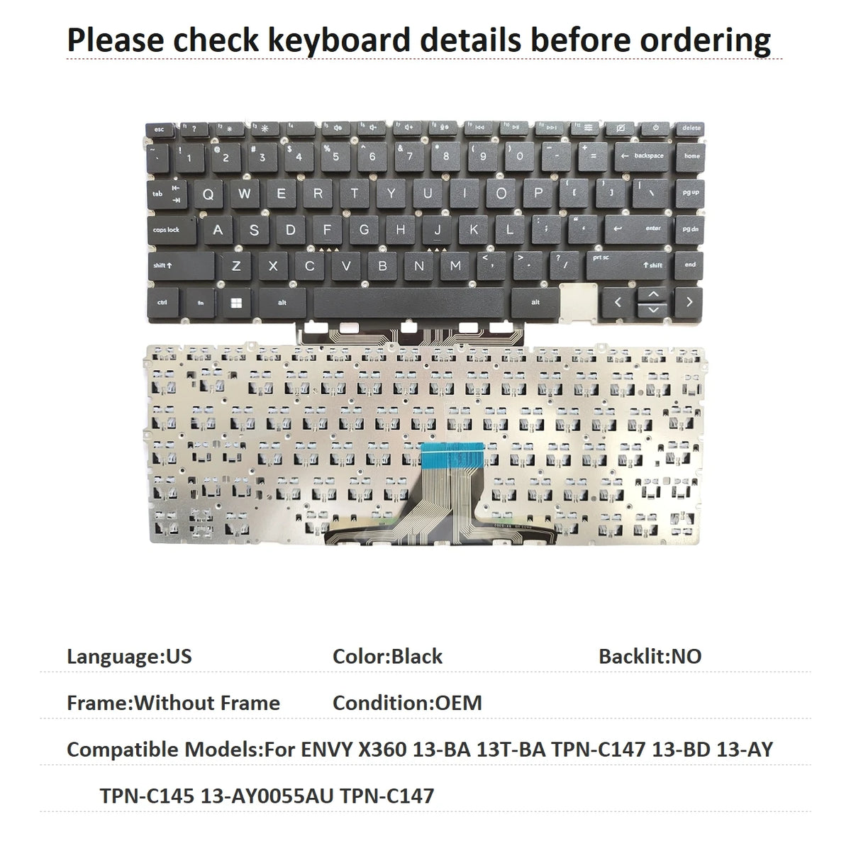 New US Laptop Backlit Keyboard For HP ENVY X360 13-BA 13T-BA TPN-C147 13-BD 13-AY TPN-C145 13-AY0055AU TPN-C147  HP laptop repair parts