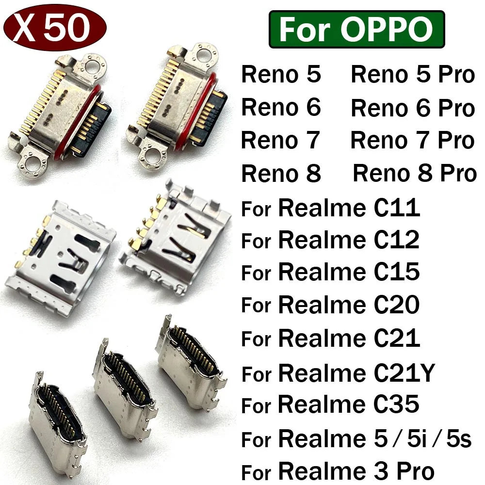 50Pcs, USB Connector Charging Charge Connector Port For OPPO Reno 5 6 7 8 Pro Realme C11 C12 C15 C20 C21 C35 C21Y 5 5i 5s Realme phone repair parts