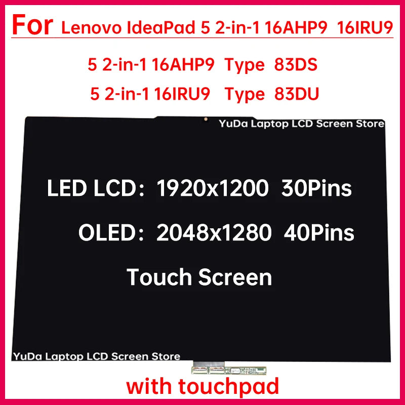 16 Inch Touch Screen For Lenovo IdeaPad 5 2-in-1 16AHP9 Type 83DS 16IRU9 Type 83DU LCD Display Digitizer Assembly Replacement Lenovo laptop repair parts