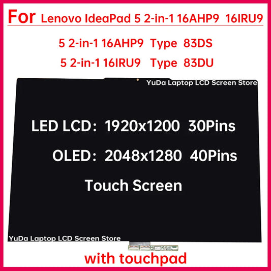16 Inch Touch Screen For Lenovo IdeaPad 5 2-in-1 16AHP9 Type 83DS 16IRU9 Type 83DU LCD Display Digitizer Assembly Replacement Lenovo laptop repair parts