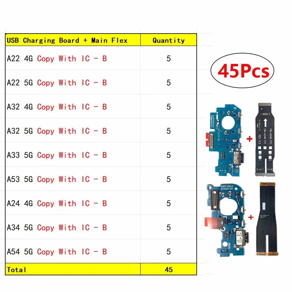 18Pcs, New USB Charging Port Dock Charger Connector Main Board Flex Cable For Samsung A22 A32 A52 A72 A33 A53 A24 A34 A54 4G 5G  Samsung phone repair parts