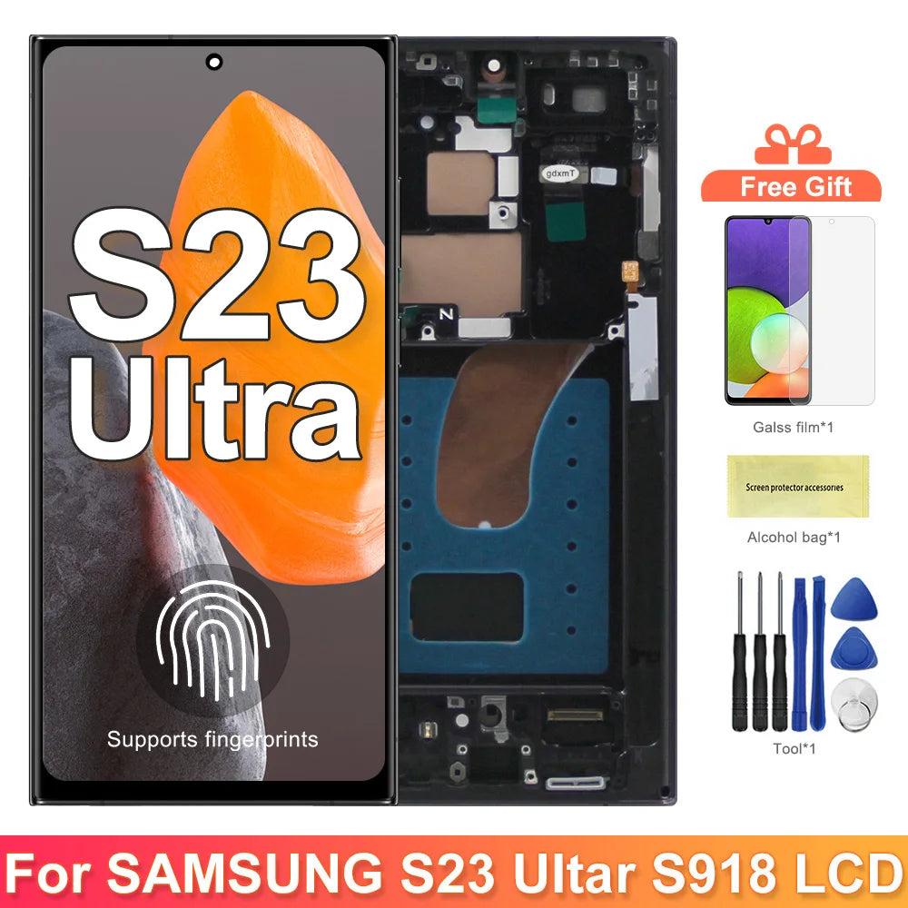 6.67“AMOLED LCD Screen for Samsung Galaxy S23 Ultra S918B S918B/DS Lcd Display Digital Touch Screen with Frame Assembly Samsung phone repair parts
