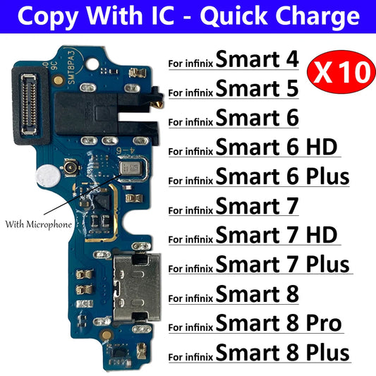 10Pcs，USB Charging Port Dock Charger Plug Connector Board Flex Cable For infinix Smart 4 5 6 7 8 HD Pro Plus X6511 X6512 X6823  infinix phone repair parts