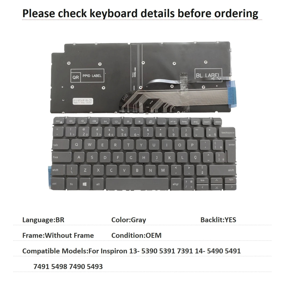 New US Russian Spanish Brazil Language  Backlit Keyboard For Dell Inspiron 13- 5390 5391 7391 14- 5490 5491 7491 5498 7490 5493Dell laptop repair parts