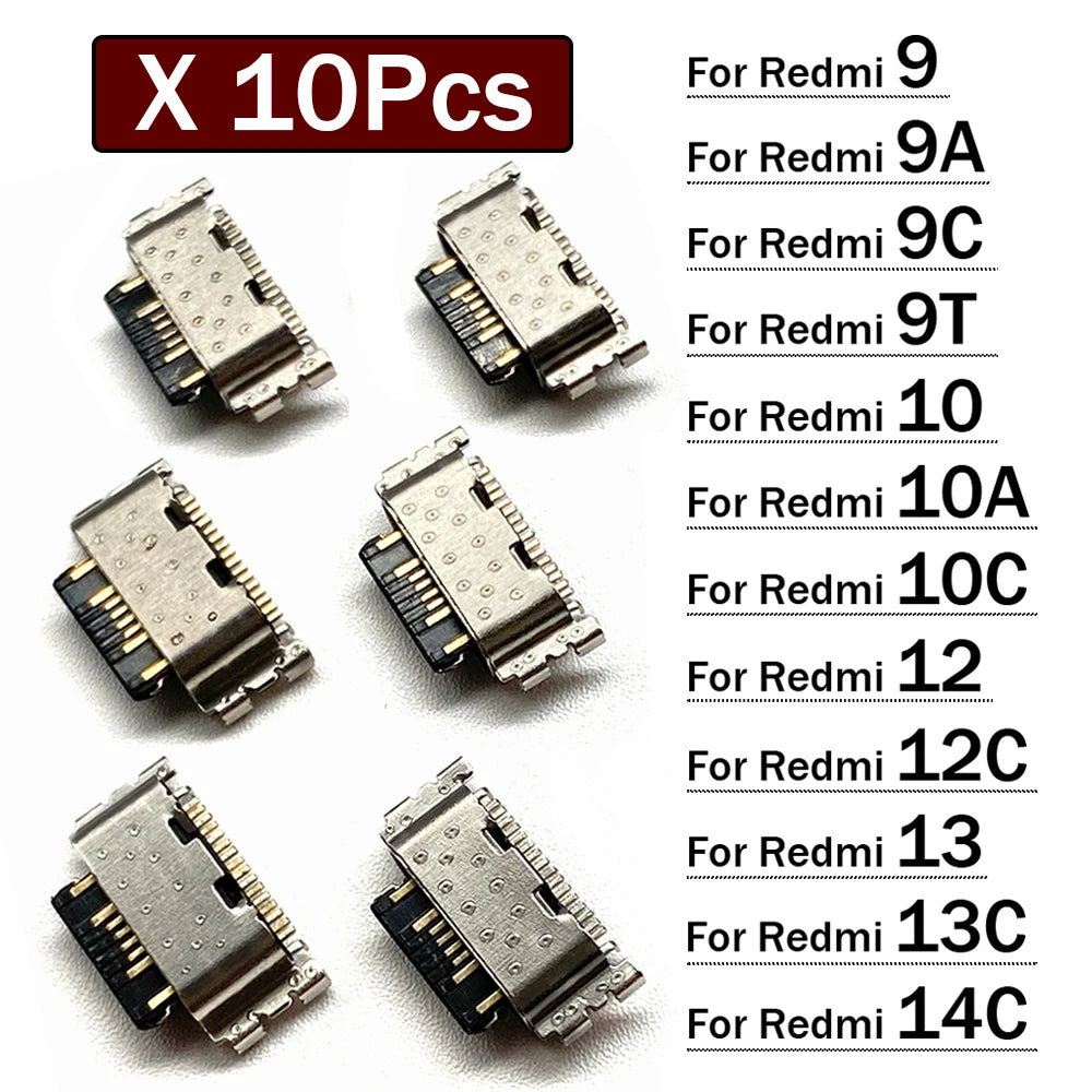 10Pcs, Mini USB jack socket connector charger Charging Port For Xiaomi Redmi 8 8A 9 9A 9C 9T 10 10A 10C 12 12C 13 13C 14C 4G 5G  Xiaomi  Xiao mi phone repair parts