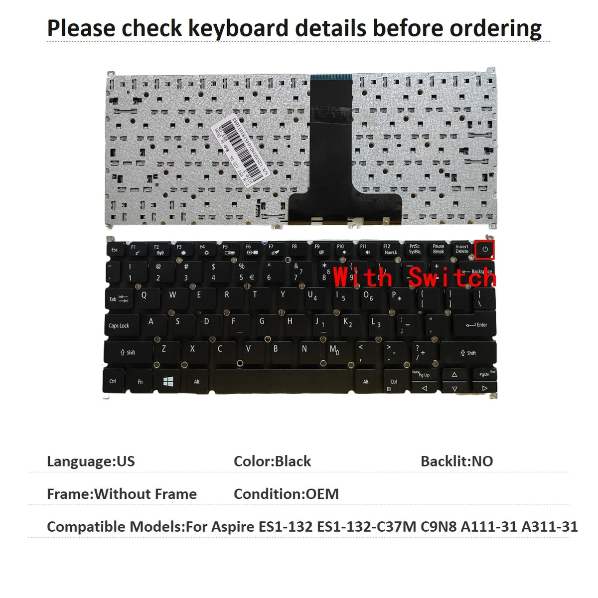 New US UI Spanish Language  Keyboard For Acer Aspire ES1-132 ES1-132-C37M C9N8 A111-31 A311-31 Notebook PC Replacement Keyboard Acer laptop repair parts