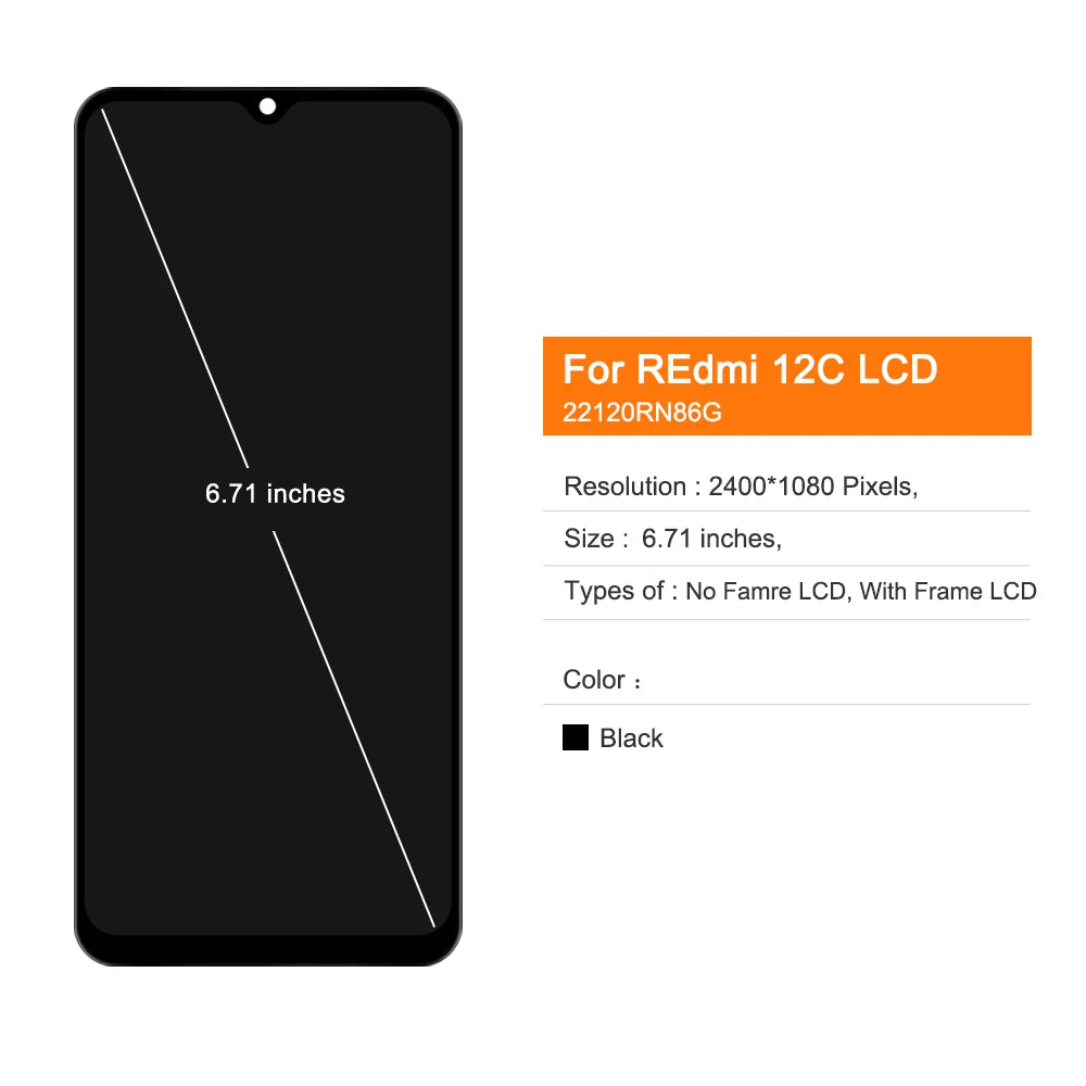 6.71" Redmi 12C Screen Replacement, for Xiaomi Redmi 12C 22120RN86G Lcd Display Digital Touch Screen with Frame for Redmi 12C Xiaomi phone repair parts