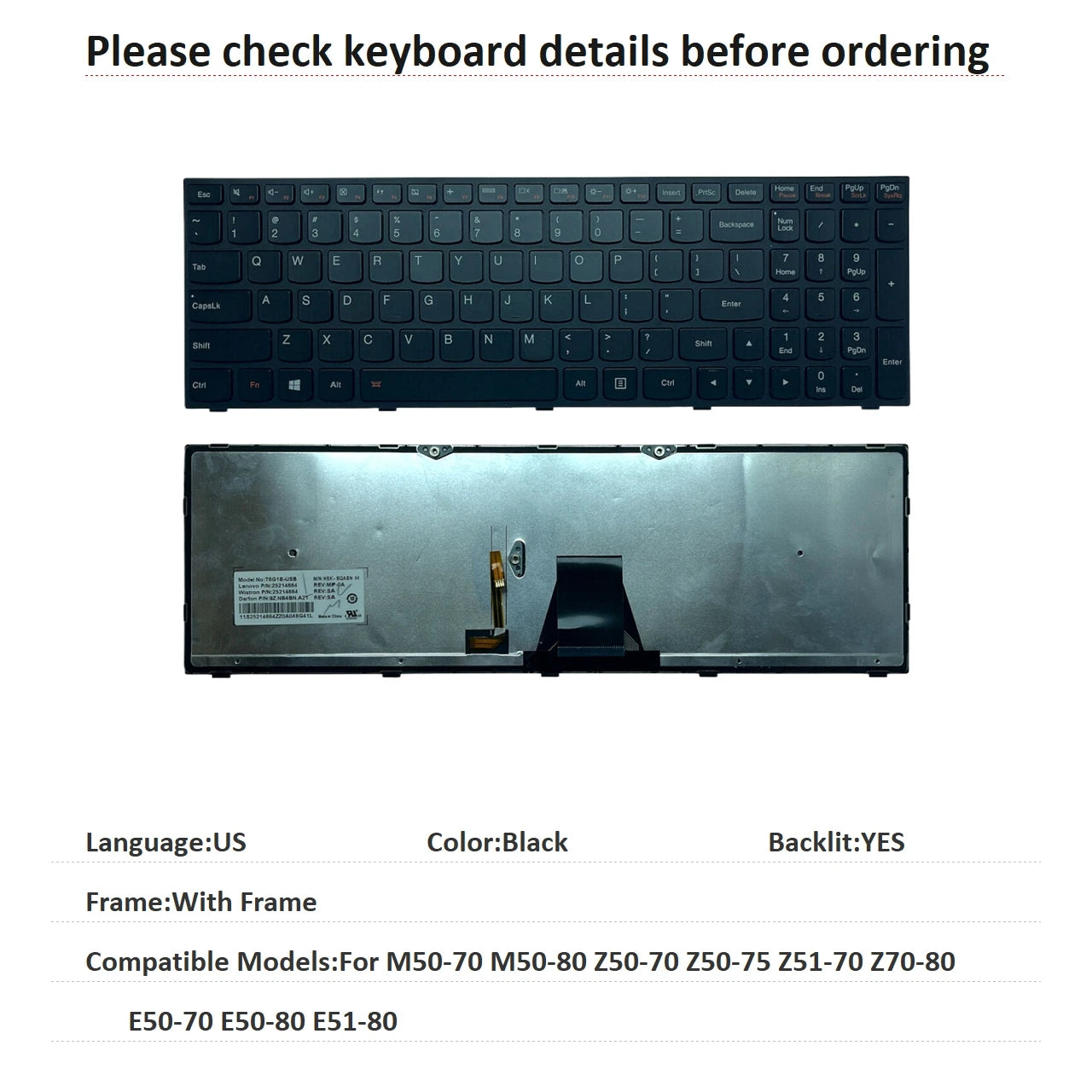 New US Language  Backlit Keyboard For Lenovo M50-70 M50-80 Z50-70 Z50-75 Z51-70 Z70-80 E50-70 E50-80 E51-80 T6G1B Lenovo laptop repair parts