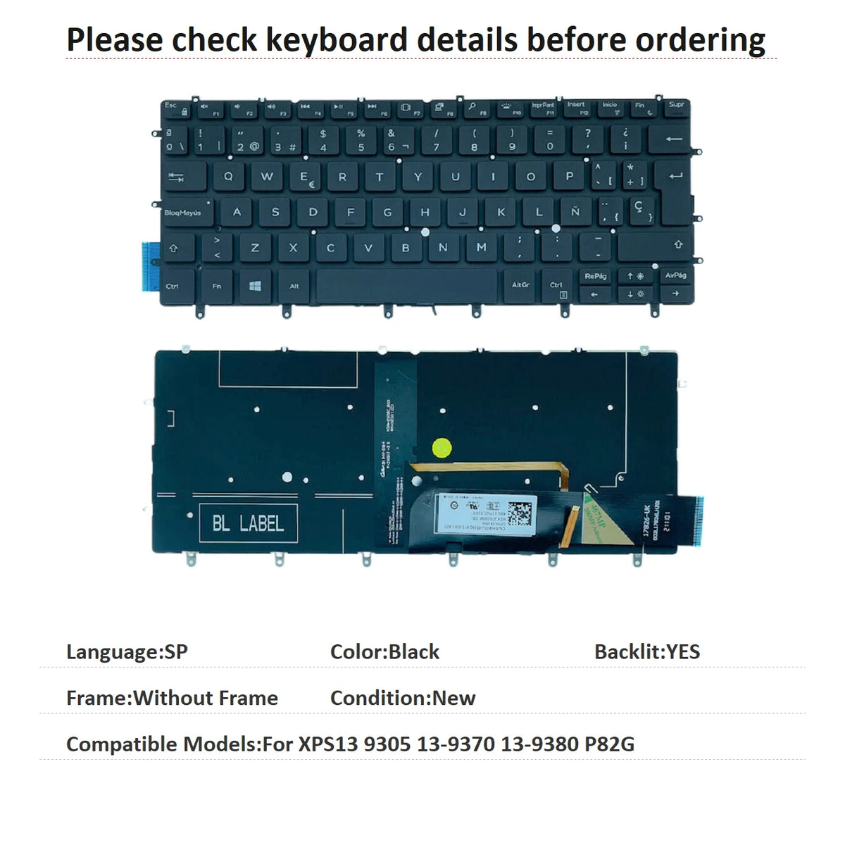 New US Spanish Language  Backlit Keyboard For Dell XPS13 9305 13-9370 13-9380 P82G 0RMCR1Dell laptop repair parts