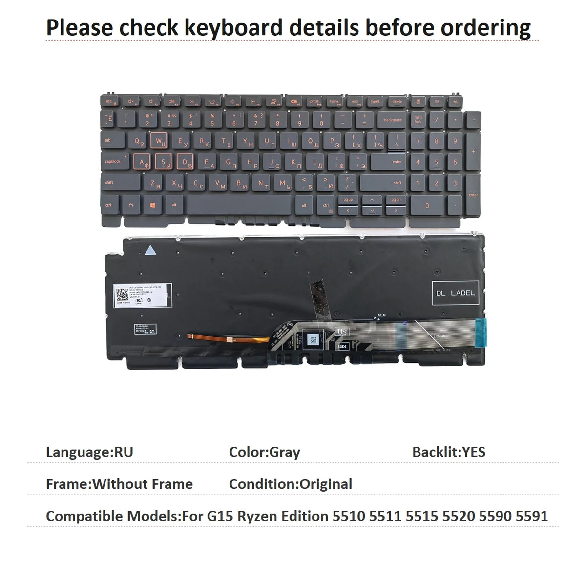 New US Russian Language  RGB Keyboard For Dell G15 Ryzen Edition 5510 5511 5515 5520 5590 5591 Notebook PC Replacement KeyboardDell laptop repair parts