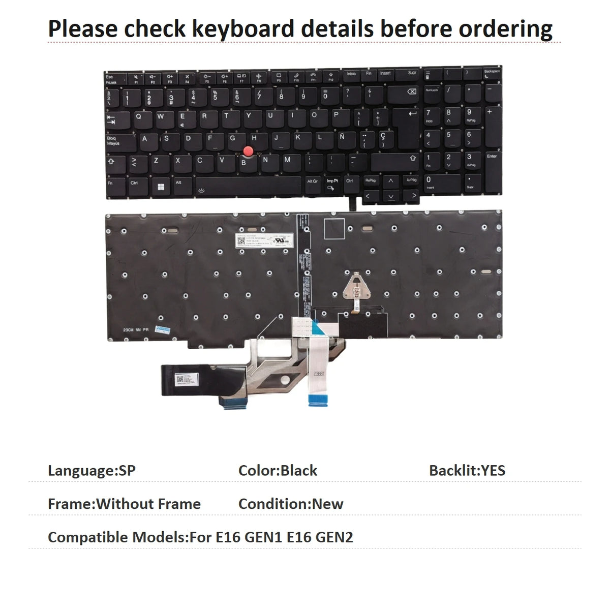New US Spanish Language  Backlit Keyboard For Lenovo Thinkpad E16 GEN1 E16 GEN2 Notebook PC Replacement Keyboard Lenovo laptop repair parts