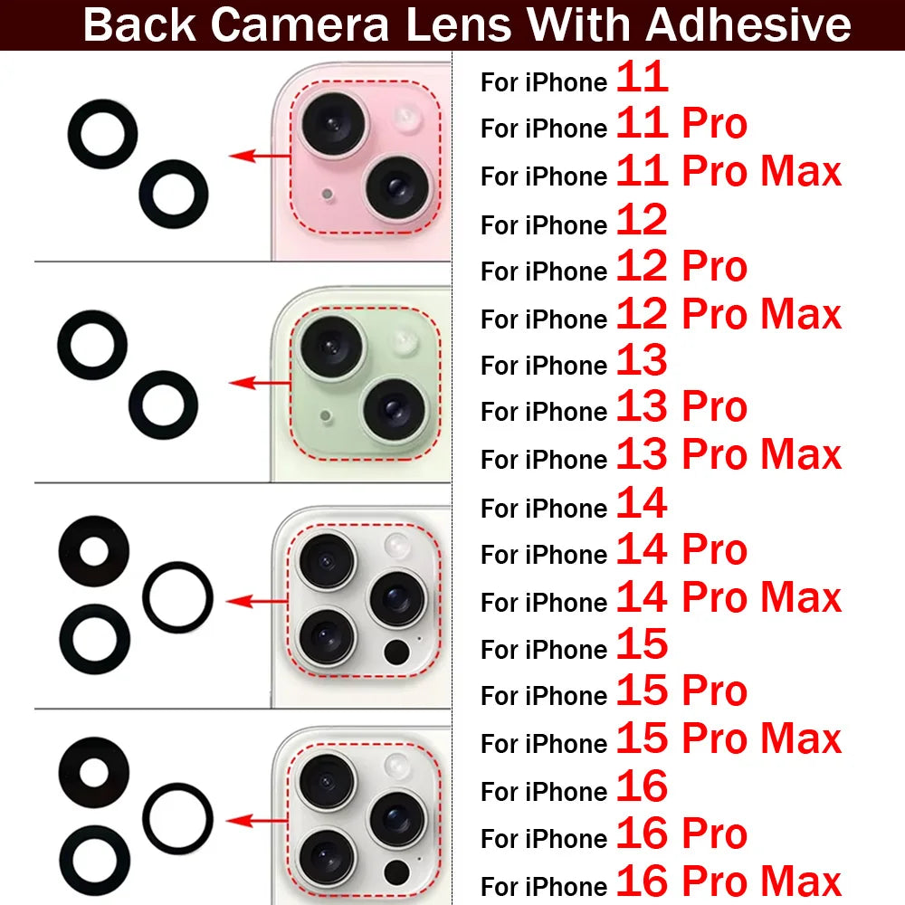 New Camera Glass Lens Back Rear Camera Glass Lens For iPhone 11 12 13 14 15 16 17 Pro Max Plus Mini With Sticker Adhesive iPhone phone repair parts