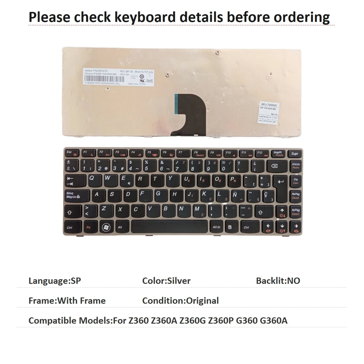 New US UI Spanish Language  Keyboard For Lenovo Z360 Z360A Z360G Z360P G360 G360A Notebook PC Replacement Keyboard Lenovo laptop repair parts