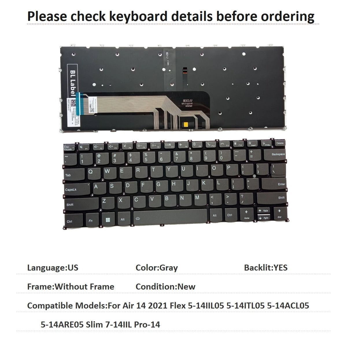 New US Spanish UK Backlit Keyboard For Lenovo Air 14 2021 Flex 5-14IIL05 5-14ITL05 5-14ACL05 5-14ARE05 Slim 7-14IIL Pro-14 Lenovo laptop repair parts