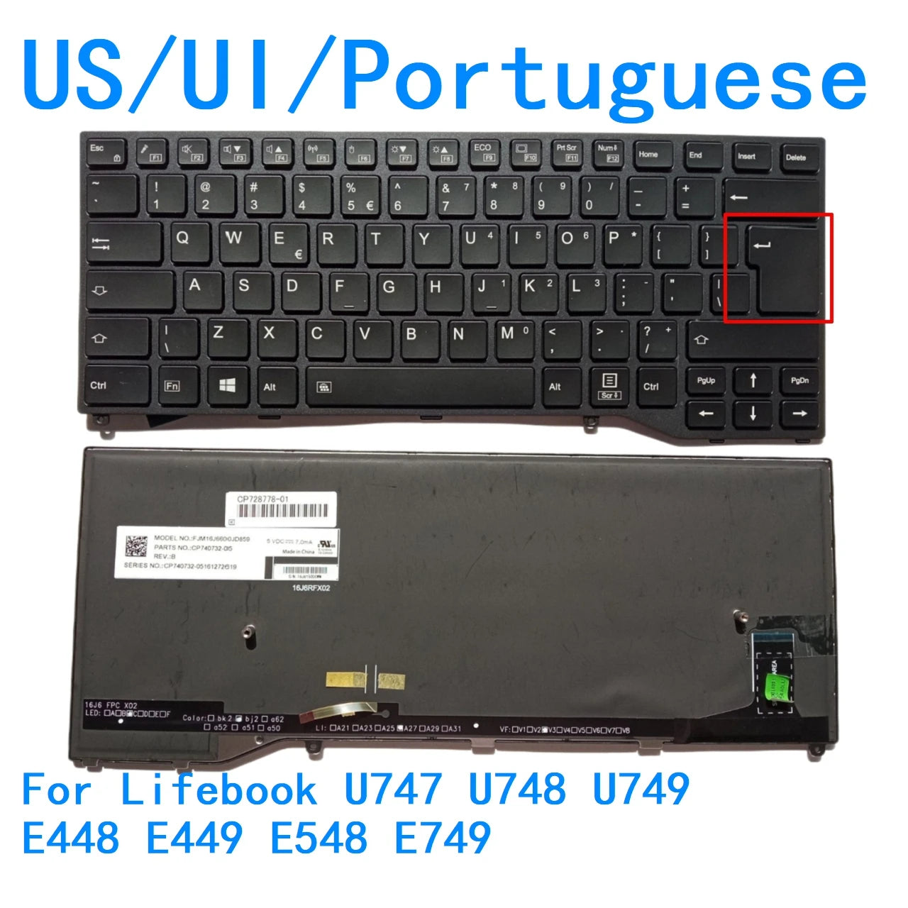 New US UI Portuguese Language  Backlit Keyboard For Fujitsu Lifebook U747 U748 U749 E448 E449 E548 E749 Replacement Keyboard