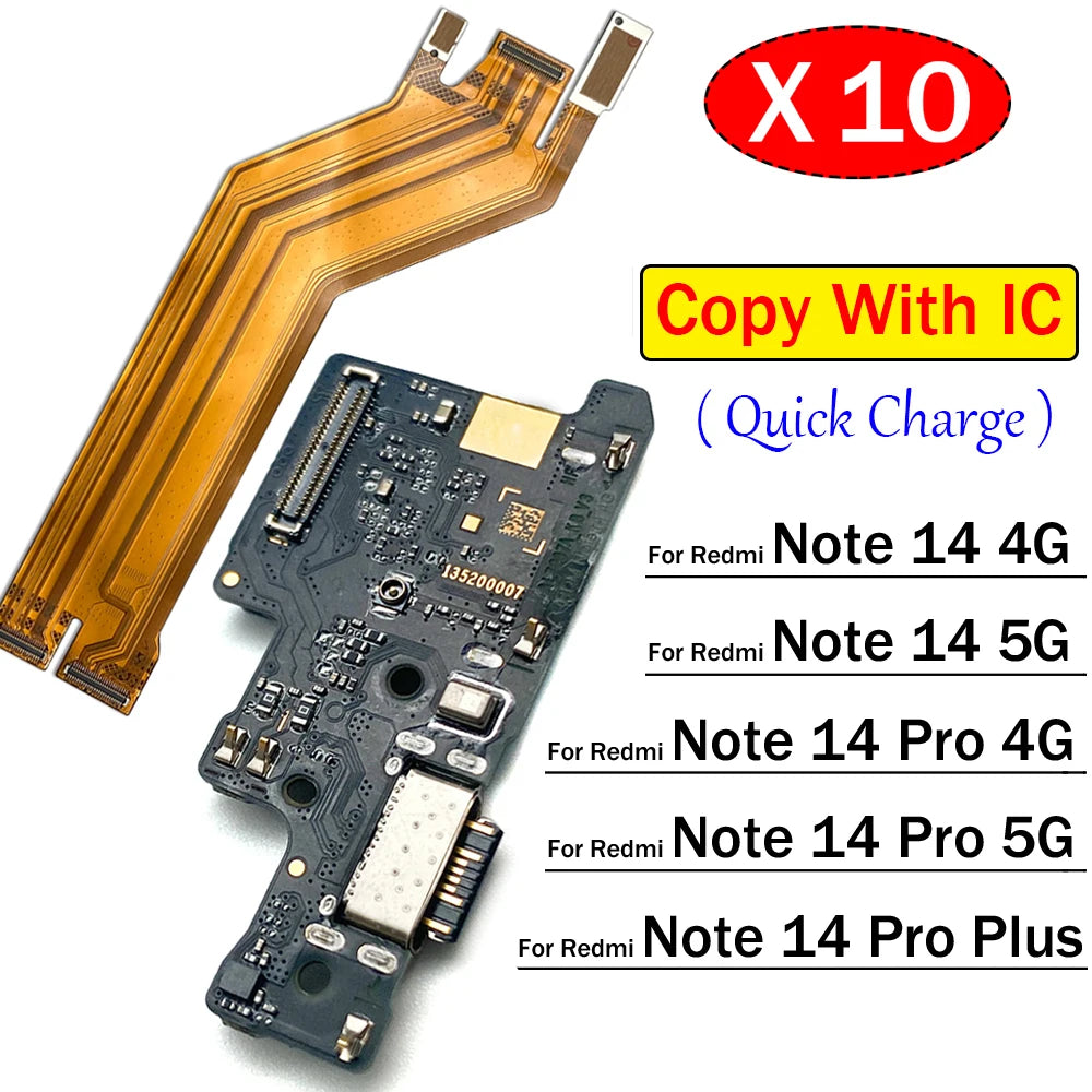10Pcs Dock Connector Micro USB Charger Charging Port Main Flex Cable Microphone Board For XIaomi Redmi Note 14 Pro Plus 4G 5G  Xiaomi  Xiao mi phone repair parts