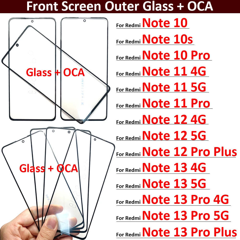 New Screen Front Outer Glass + OCA For Xiaomi Redmi Note 10 10s 11 11s 12 12s 13 Pro Plus 4G 5G Screen Touch Panel Glass Xiaomi  Xiao mi phone repair parts