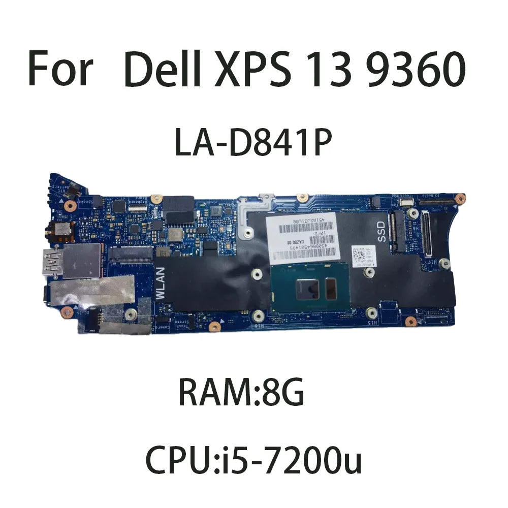 4N87K For Dell XPS 13 9360 LA-D841P Laptop Motherboard With CPU:i5-7200U RAM:8G DELL  laptop repair parts
