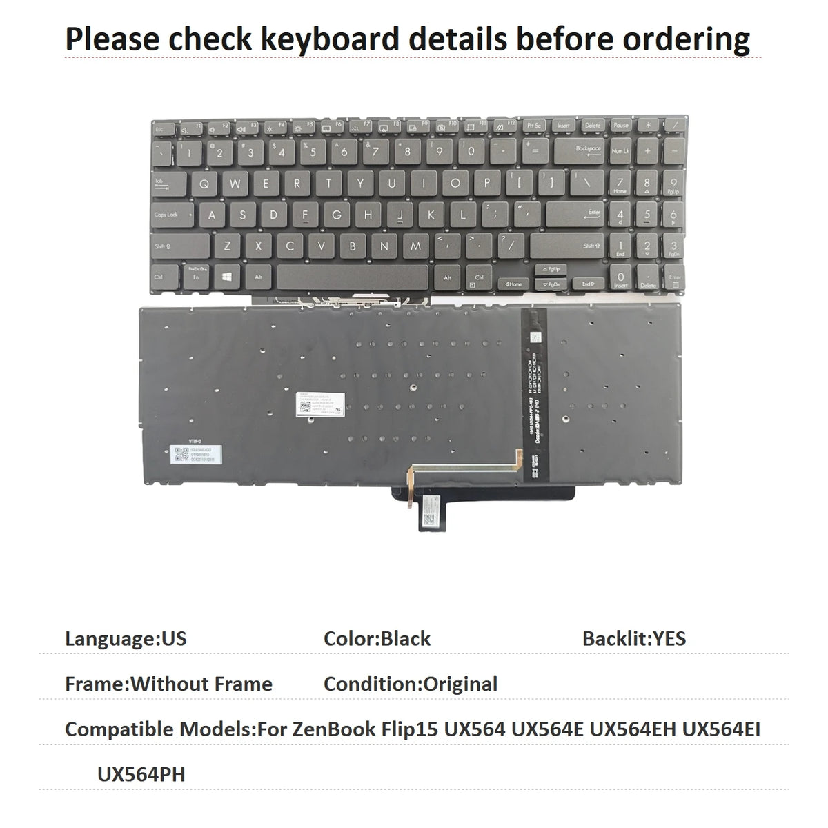 New US Language  Backlit Keyboard For ASUS ZenBook Flip15 UX564 UX564E UX564EH UX564EI UX564PH Notebook PC Replacement Keyboard ASUS laptop repair parts