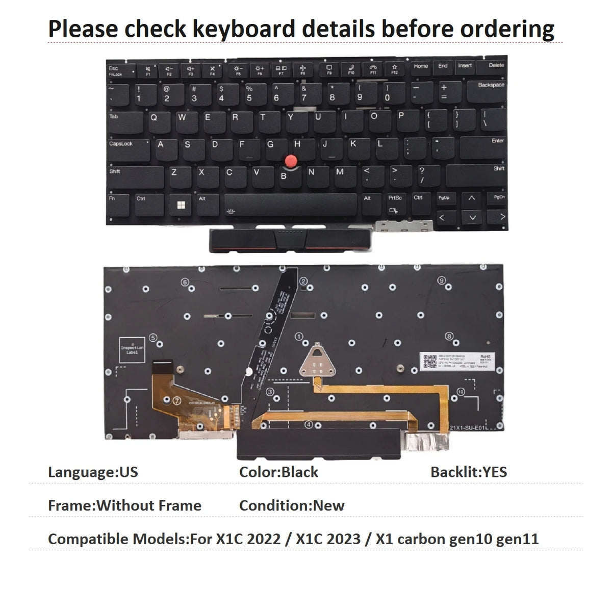 New US Language  Backlit Keyboard For Lenovo Thinkpad X1C 2022 / X1C 2023 / X1 carbon gen10 gen11 Replacement Keyboard Lenovo laptop repair parts