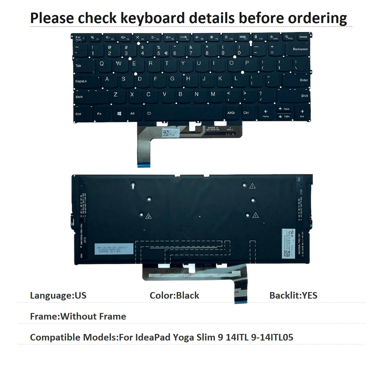 New US Latin Arab Language  Backlit Keyboard For Lenovo IdeaPad Yoga Slim 9 14ITL 9-14ITL05 PR4UXB Lenovo laptop repair parts