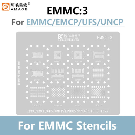 Amaoe EMMC3 BGA Reballing Stencil 0.15mm For EMMC EMCP UFS UMCP LPDDR NAND PCIE Universal CPU Tin Planting Platform Steel Mesh Professional Repair Tools