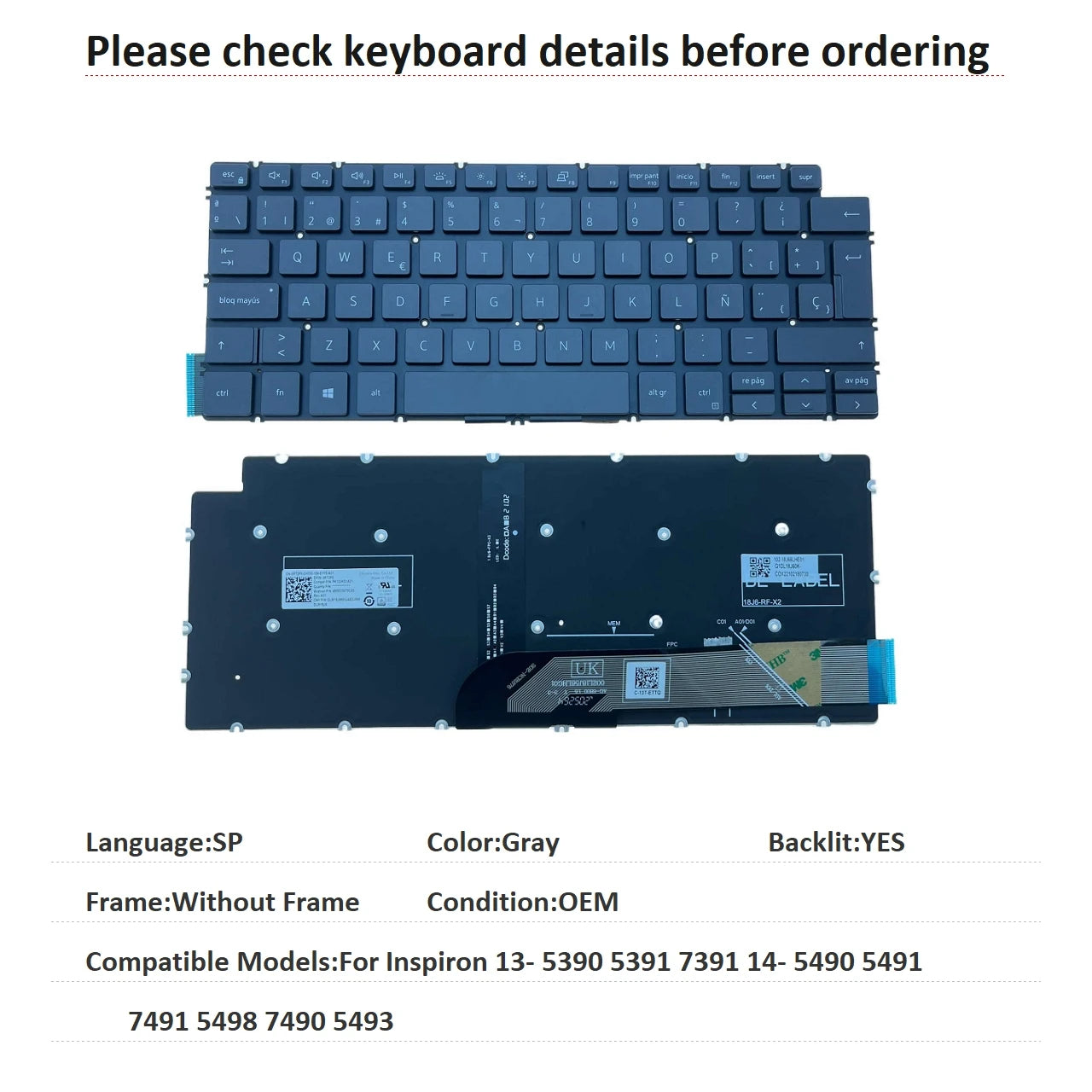 New US Russian Spanish Brazil Language  Backlit Keyboard For Dell Inspiron 13- 5390 5391 7391 14- 5490 5491 7491 5498 7490 5493Dell laptop repair parts