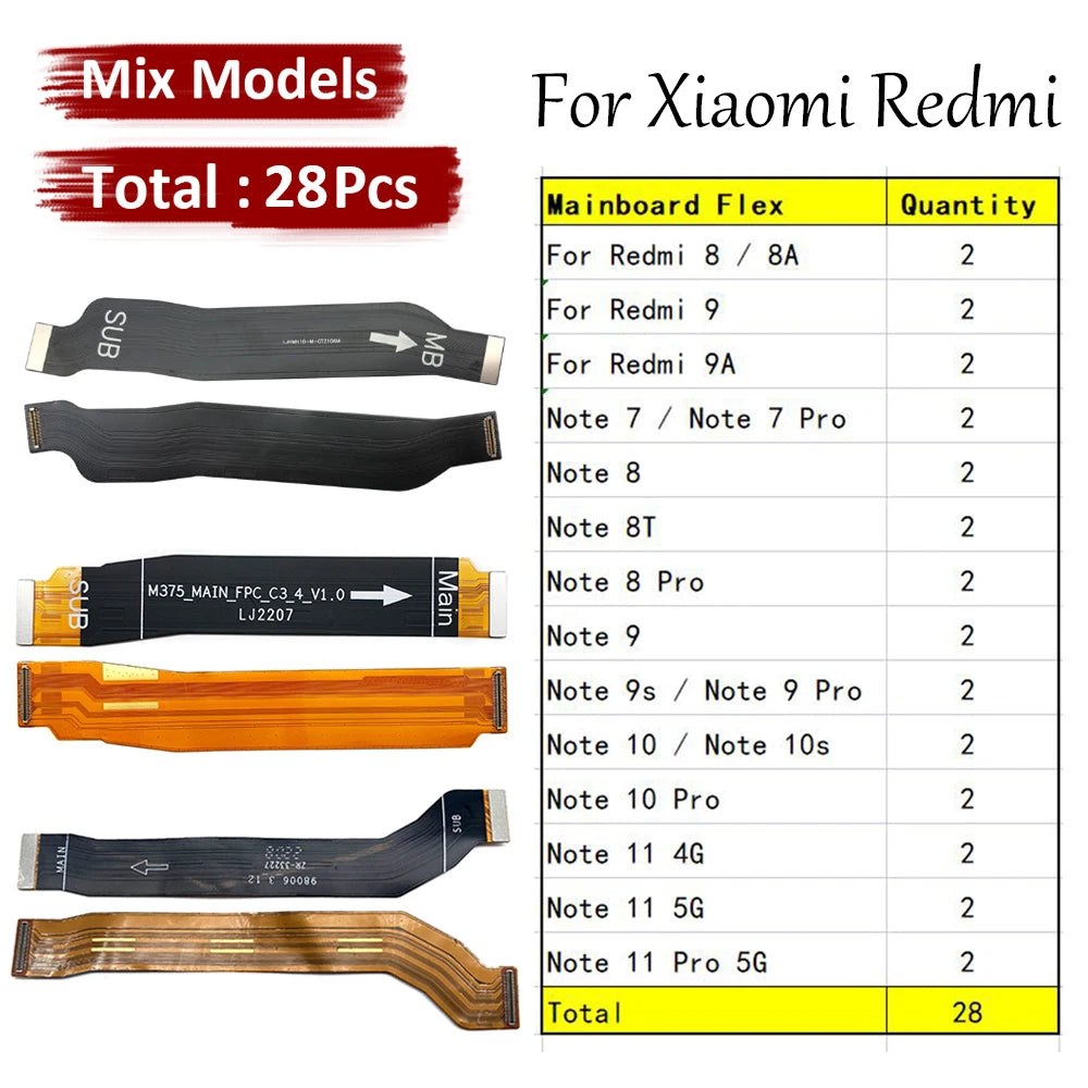 28Pcs Main Board Motherboard Connector Board Flex Cable For Xiaomi Redmi 8 8A 9 9A Note 7 8 8T 9 9s 10 10s 11 11s Pro 4G 5G  Xiaomi  Xiao mi phone repair parts