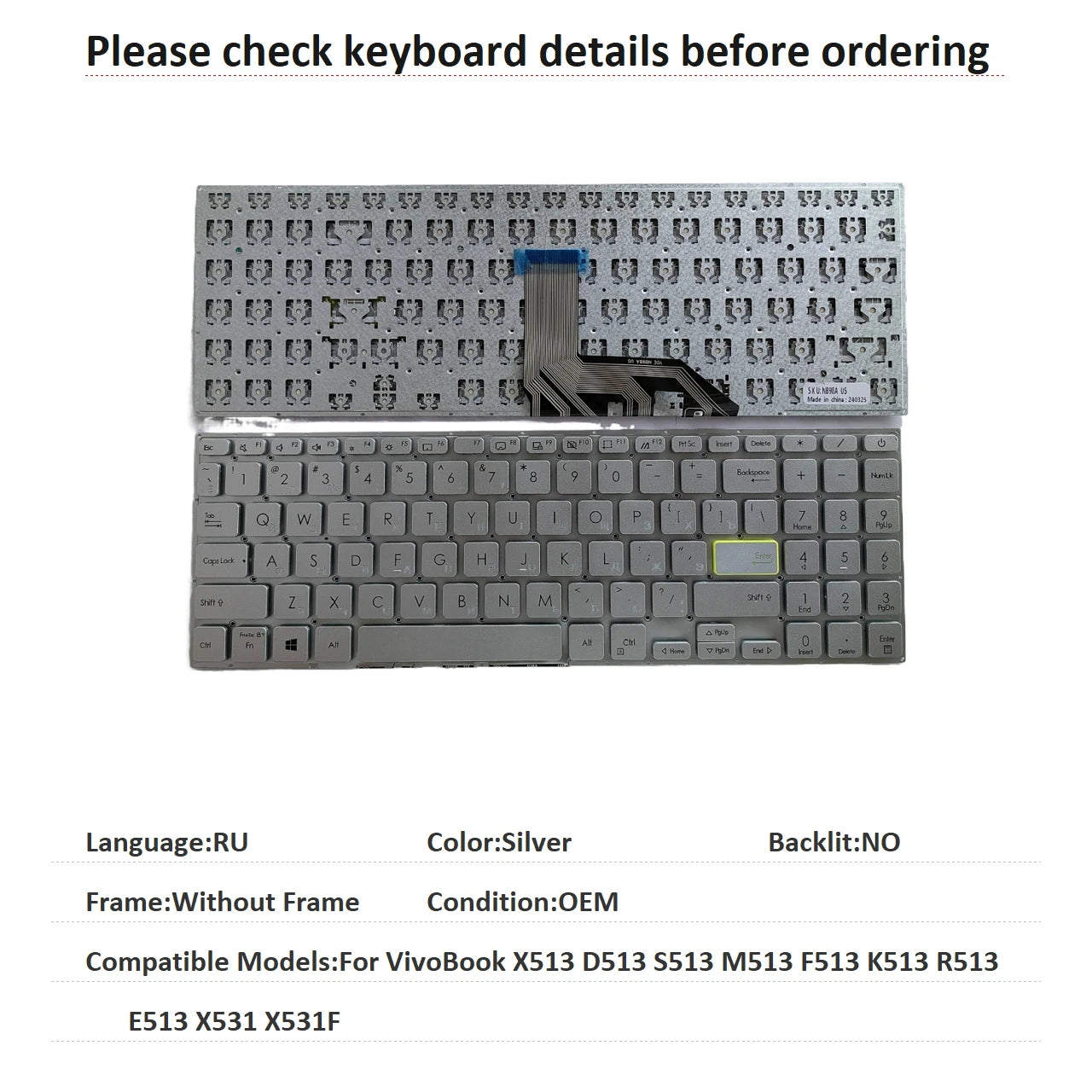 New US Russian Spanish UK Language  Backlit Keyboard For ASUS VivoBook X513 D513 S513 M513 F513 K513 R513 E513 X531 X531F ASUS laptop repair parts