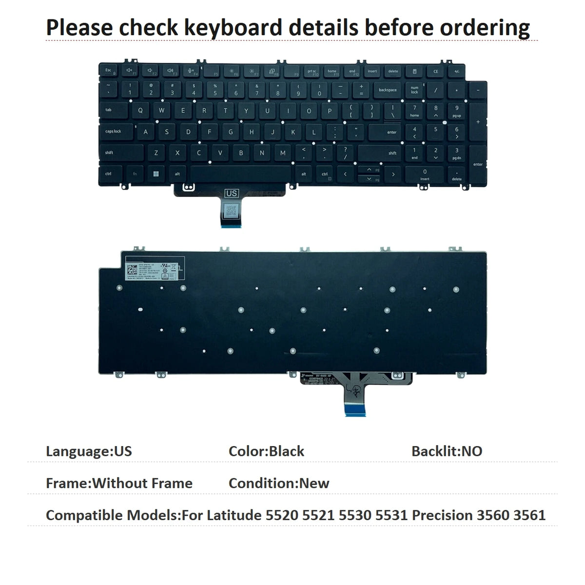 New US Spanish Language  Backlit Keyboard For Dell Latitude 5520 5521 5530 5531 Precision 3560 3561 Replacement KeyboardDell laptop repair parts