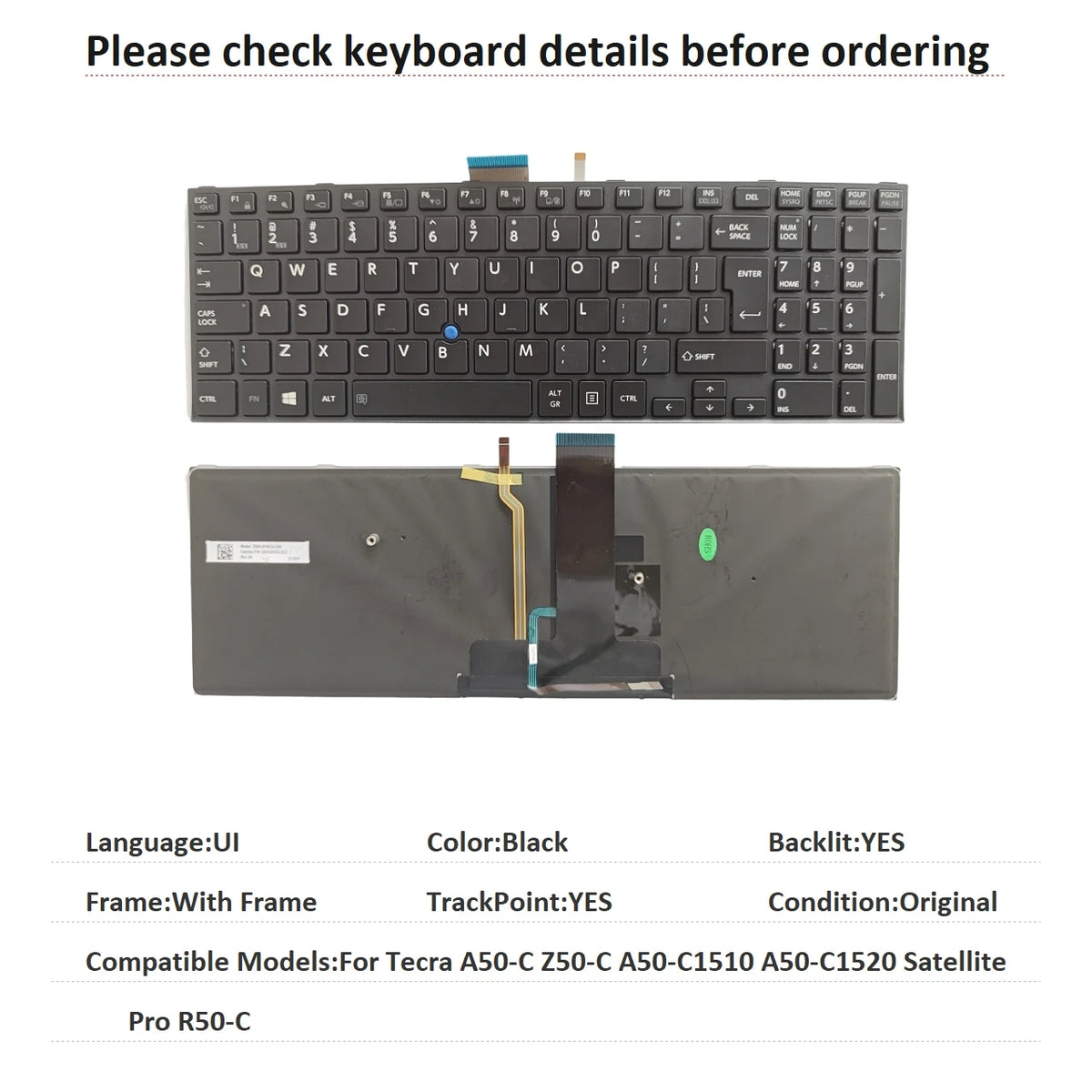 New UI UK Language  Backlit Keyboard For Toshiba Tecra A50-C Z50-C A50-C1510 A50-C1520 Satellite Pro R50-C Replacement Keyboard