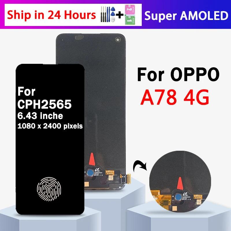 6.43"Super AMOLED For OPPO A78 4G CPH2565 LCD A78 Display With Fingerprint Touch Screen Digitizer Panel Assembly  Oppo phone repair parts