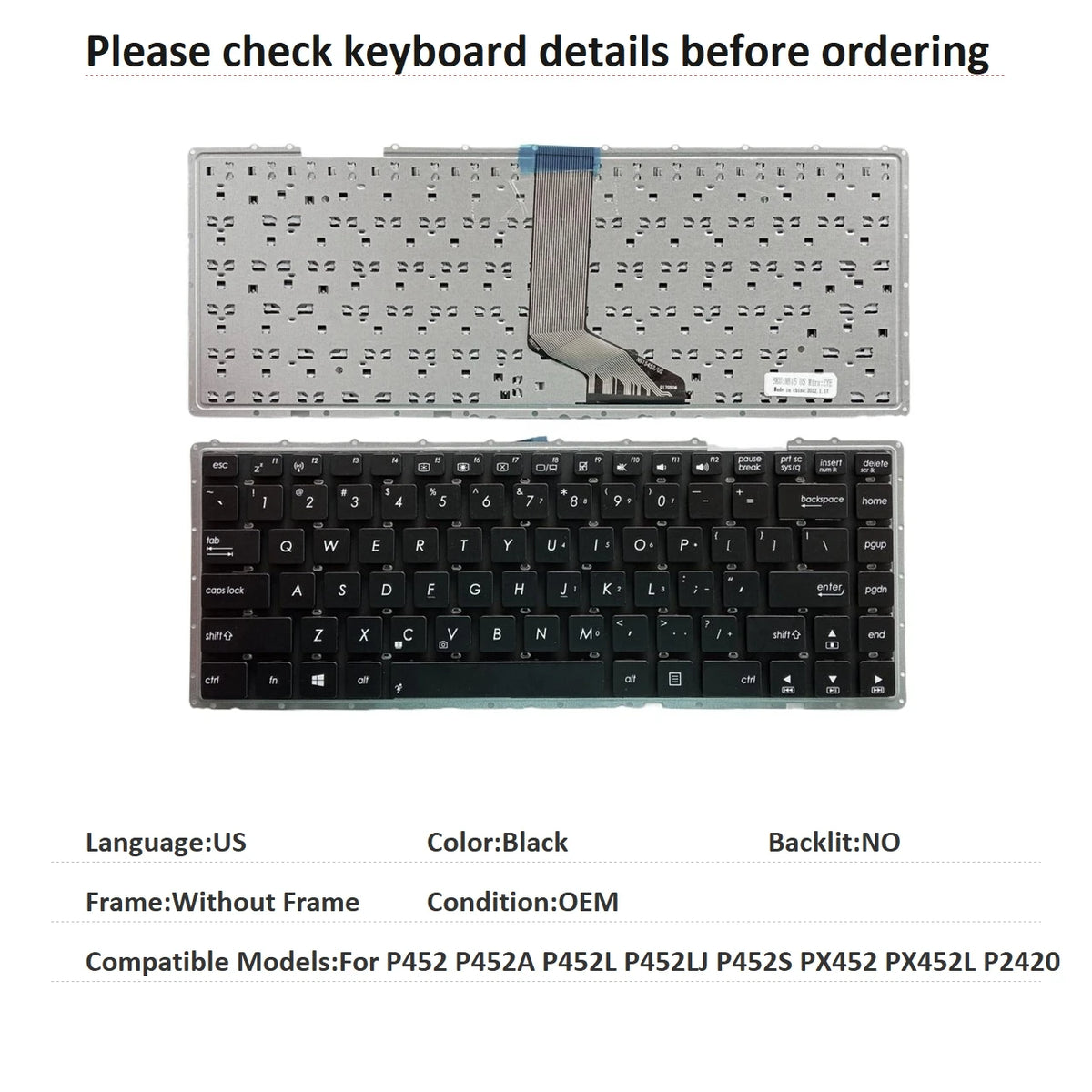New US Spanish UK Language  Keyboard For ASUS P452 P452A P452L P452LJ P452S PX452 PX452L P2420 Notebook PC Replacement Keyboard ASUS laptop repair parts