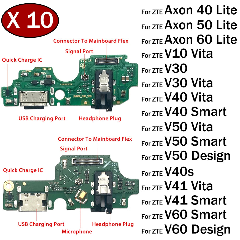 10Pcs, USB Charger Charging Dock Port Connector Flex Cable For ZTE V10 V30 V40 V50 V41 V60 Vita Smart Design Axon 40 50 60 Lite ZTE phone repair parts