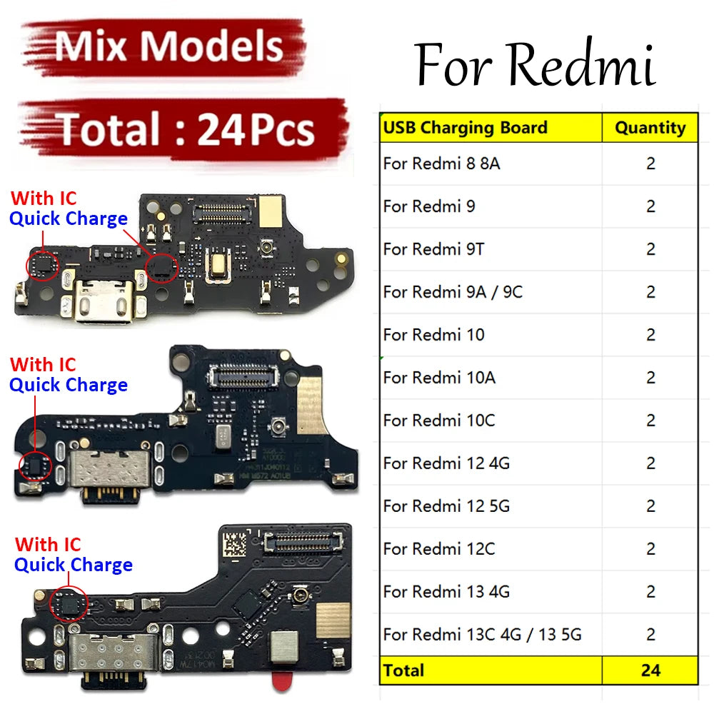 24Pcs, USB Charger Charging Dock Port Connector Flex Cable For Xiaomi Redmi 8 8A 9 9C 9A 9T 10 10A 10C 12 12C 13 13C 4G 5G  Xiaomi  Xiao mi phone repair parts