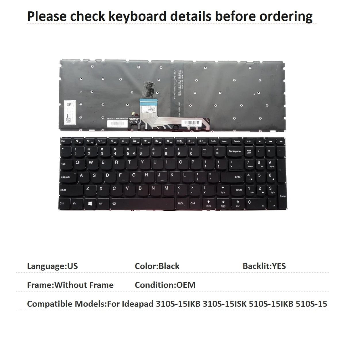 New US Spanish Language  Backlit Keyboard For Lenovo Ideapad 310S-15IKB 310S-15ISK 510S-15IKB 510S-15 Replacement Keyboard Lenovo laptop repair parts