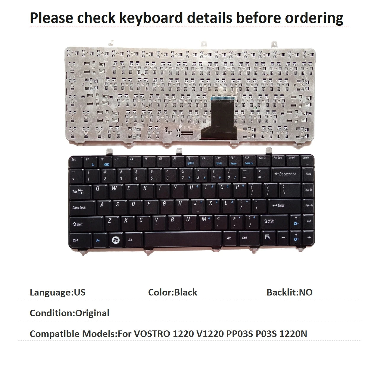 New US Language  Keyboard For Dell VOSTRO 1220 V1220 PP03S P03S 1220N Notebook PC Replacement KeyboardDell laptop repair parts
