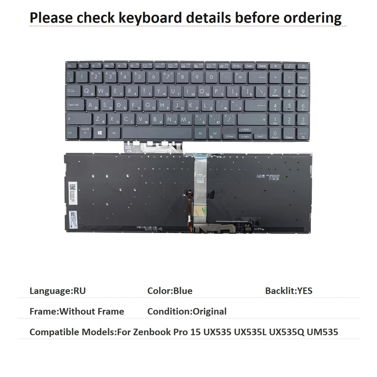 New US Russian Language  Backlit Keyboard For ASUS Zenbook Pro 15 UX535 UX535L UX535Q UM535 Notebook PC Replacement Keyboard ASUS laptop repair parts