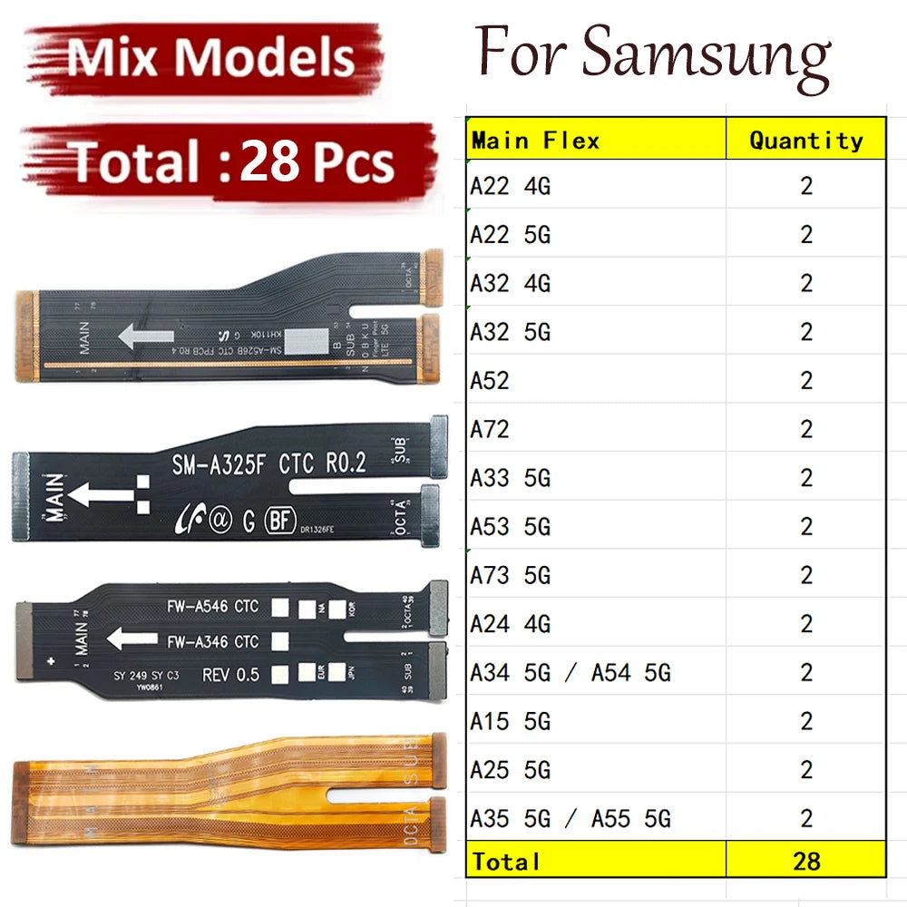 28Pcs, Main Board Motherboard Mainboard Flex Cable For Samsung A22 A32 A52 A72 A33 A53 A73 A24 A34 A54 A15 A25 A35 A55 4G 5G Samsung phone repair parts