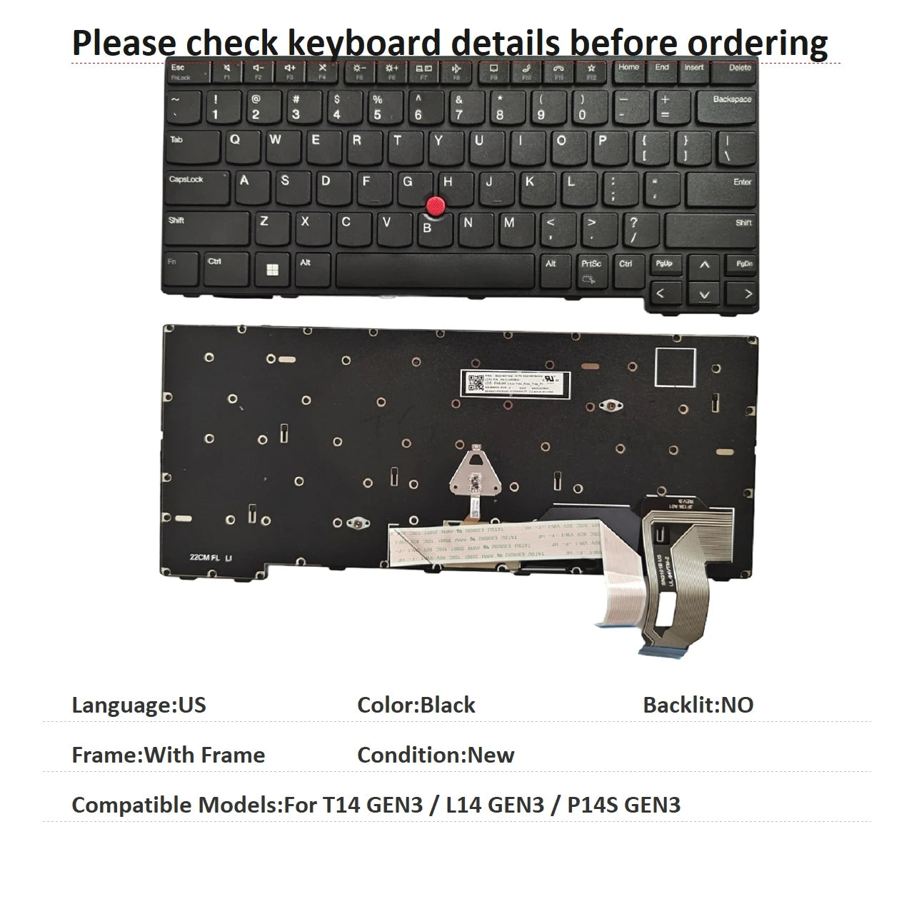 New US UI Spanish Language  Backlit Keyboard For Lenovo Thinkpad T14 GEN3 / L14 GEN3 / P14S GEN3 Replacement Keyboard Lenovo laptop repair parts