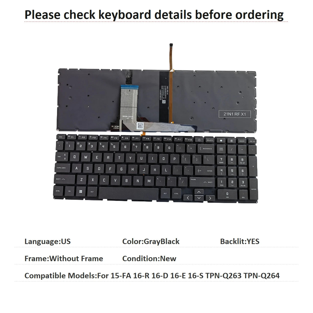 New US Spanish Language  Backlit Keyboard For HP 15-FA 16-R 16-D 16-E 16-S TPN-Q263 TPN-Q264 Notebook PC Replacement Keyboard  HP laptop repair parts