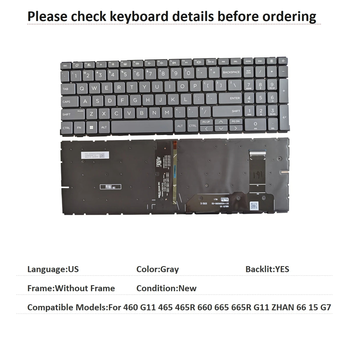 New US Spanish Latin UK Language  Backlit Keyboard For HP 460 G11 465 465R 660 665 665R G11 ZHAN 66 15 G7 Replacement Keyboard  HP laptop repair parts