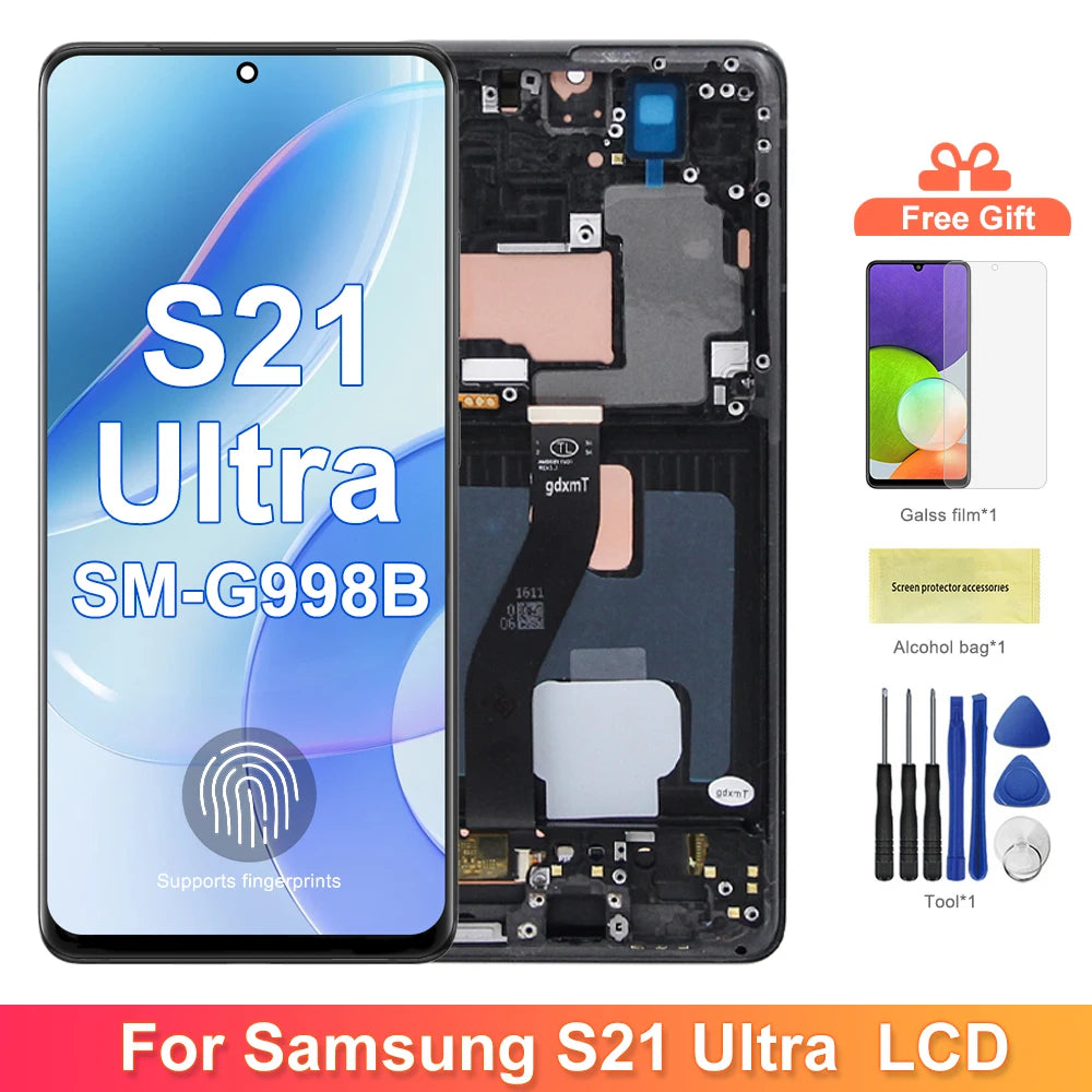 AMOLED S21 Ultra Screen Assembly for Samsung Galaxy S21 Ultra 5G G998B G998B/DS Lcd Display Touch Screen with Fingerprints Samsung phone repair parts