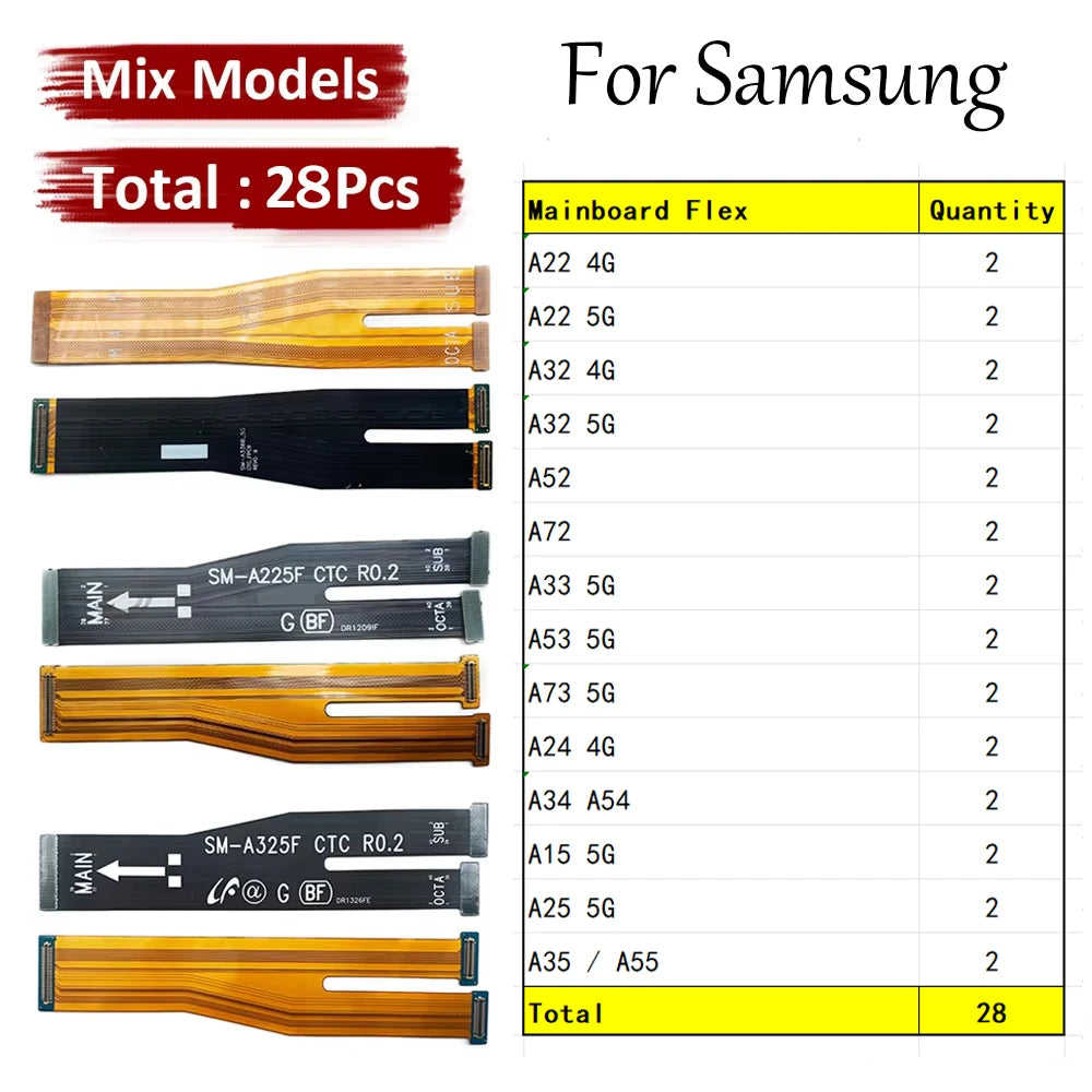 28Pcs Motherboard Connector Main Board Flex Cable For Samsung A22 A32 A52 A72 A33 A53 A73 A24 A34 A54 A15 A25 A35 A55 4G 5G  Samsung phone repair parts