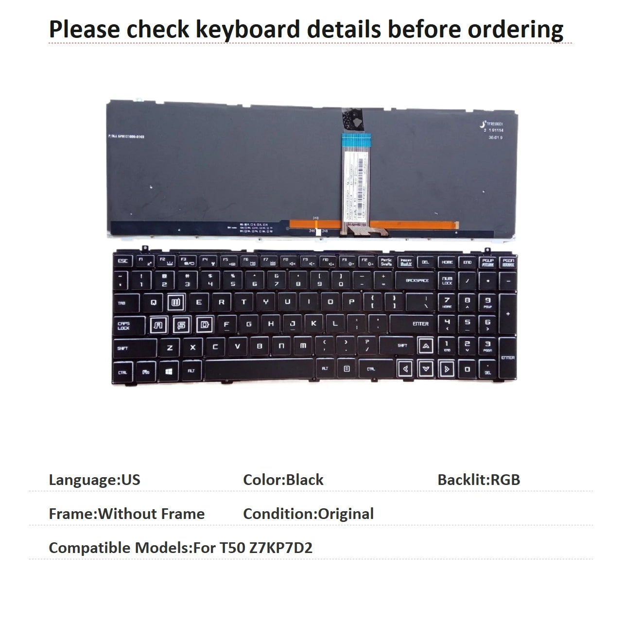 New US Language  RGB Keyboard For Mechanican T50 Z7KP7D2 Notebook PC Replacement Keyboard