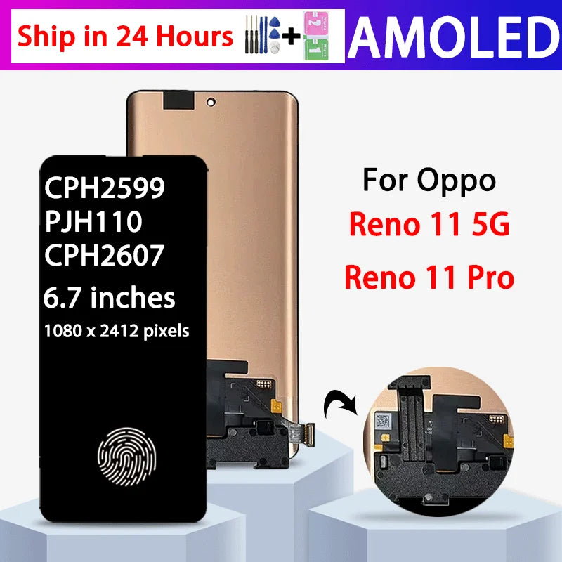 6.7"AMOLED For Oppo Reno11 CPH2599 LCD Reno 11 (China) PJH110 Display+Touch Screen Digitizer For Reno 11 Pro CPH2607  Oppo phone repair parts