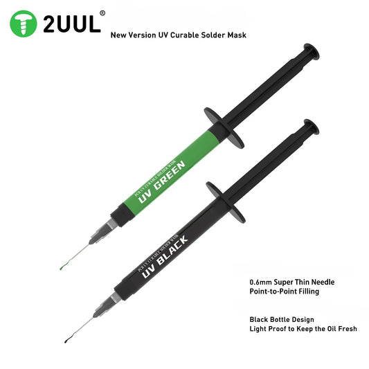 2UUL SC53 SC54 PCB UV Curable Solder Glue With 3pcs 6mm Needles UV Black/Green Curable Soldering Mask Motherboard Nand Repair Professional Repair Tools