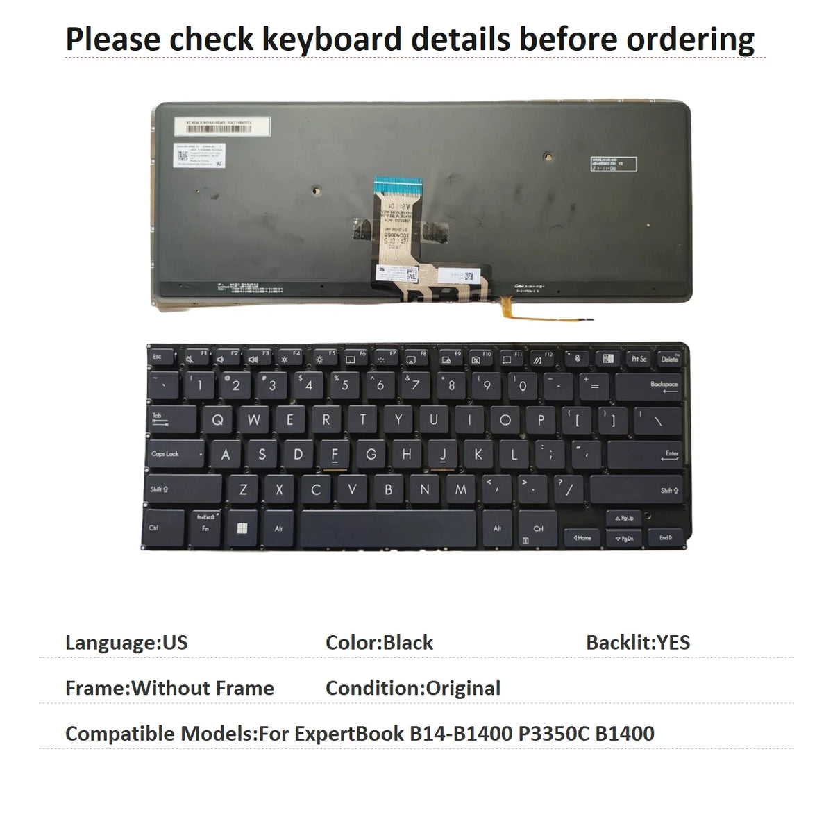 New US Language  Backlit Keyboard For ASUS ExpertBook B14-B1400 P3350C B1400 Notebook PC Replacement Keyboard  ASUS laptop repair parts