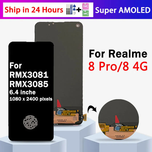 6.4"Super AMOLED For Oppo Realme 8 4G RMX3085 LCD Display Touch Screen Digitizer For Realme 8 Pro RMX3081 LCD With Fingerprint  Oppo phone repair parts