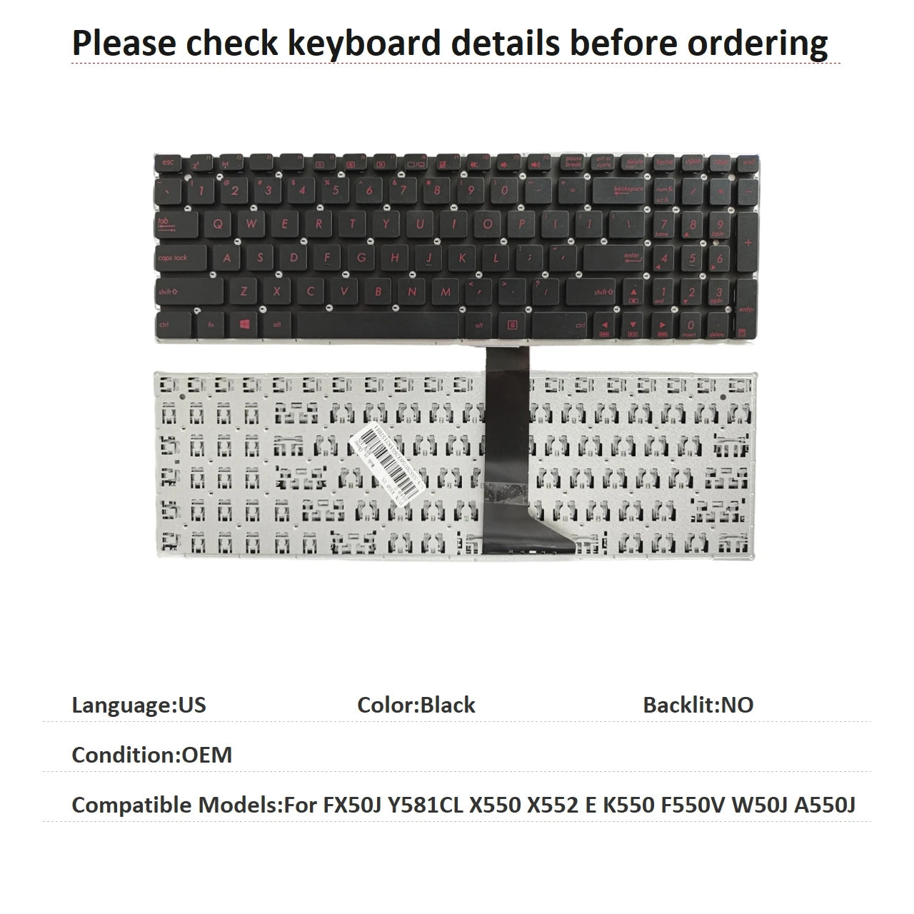 New US Language  Keyboard For ASUS FX50J Y581CL X550 X552 E K550 F550V W50J A550J Notebook PC Replacement Keyboard ASUS laptop repair parts